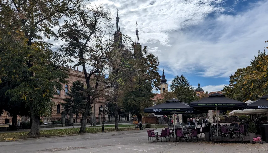 Picture of Branka Radičevića Square with Patriarchate Court, two churches, and Karlovci Gymnasium in the distance