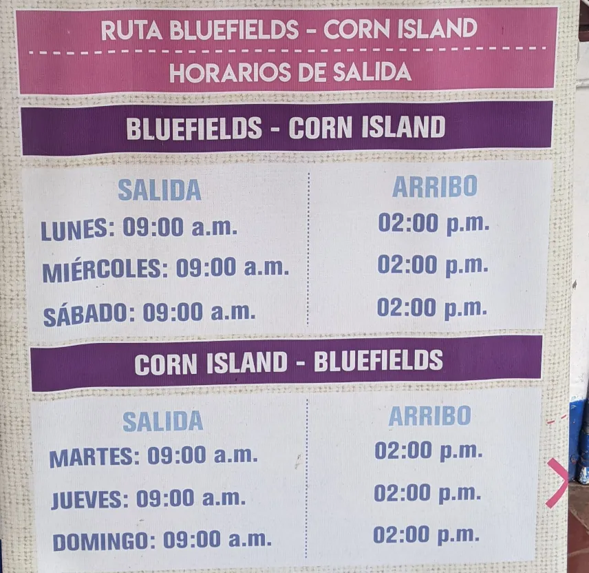 Picture of ferry schedule Bluefields - Corn Islands