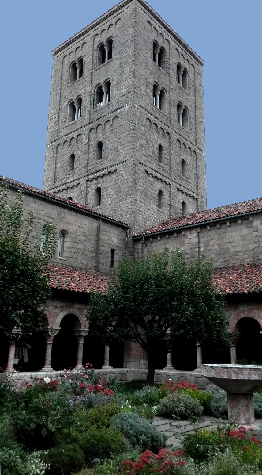 Picture of courtyard, cloisters, and tower of The Cloisters, NYC