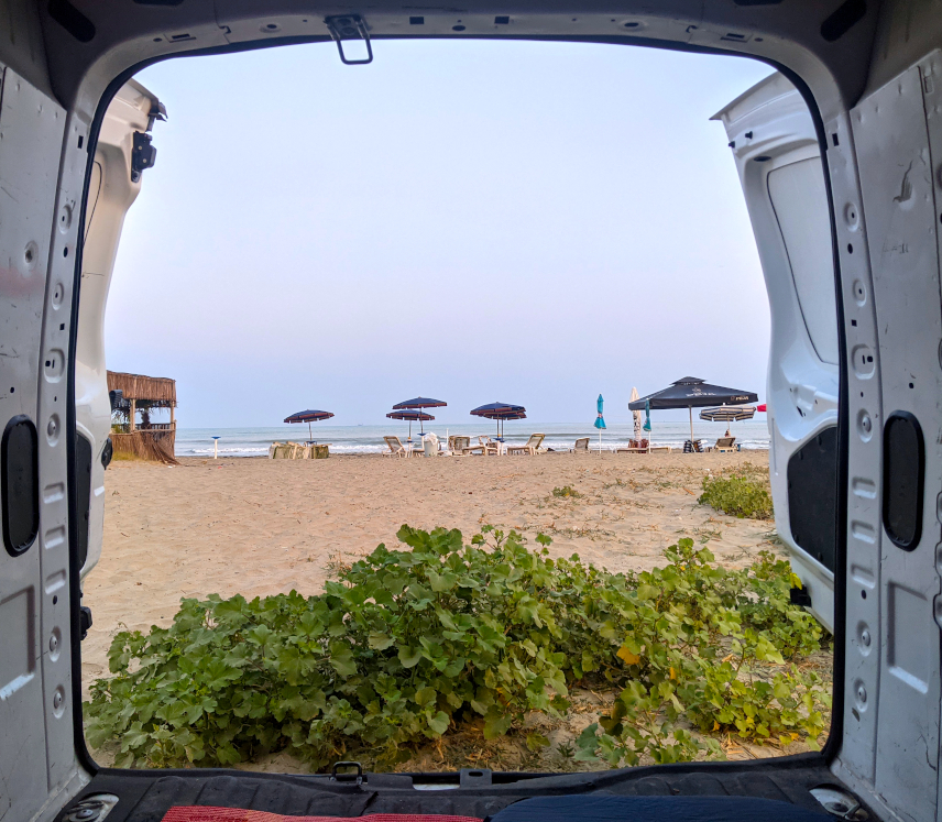 Picture of our camper at the beach in Durres
