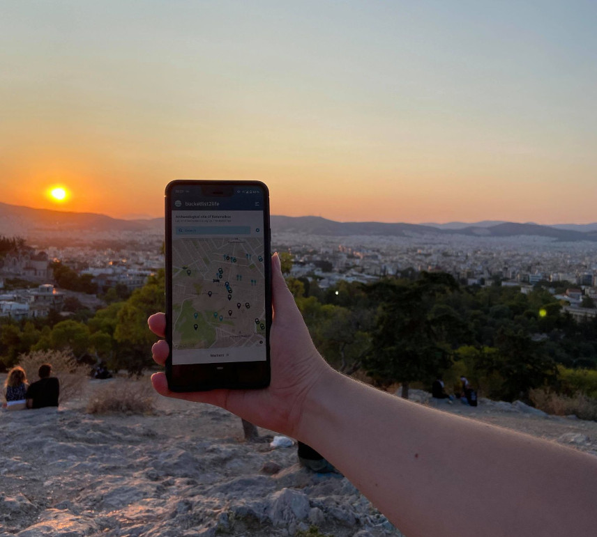Bucketlist2life app used on a smartphone in Athens