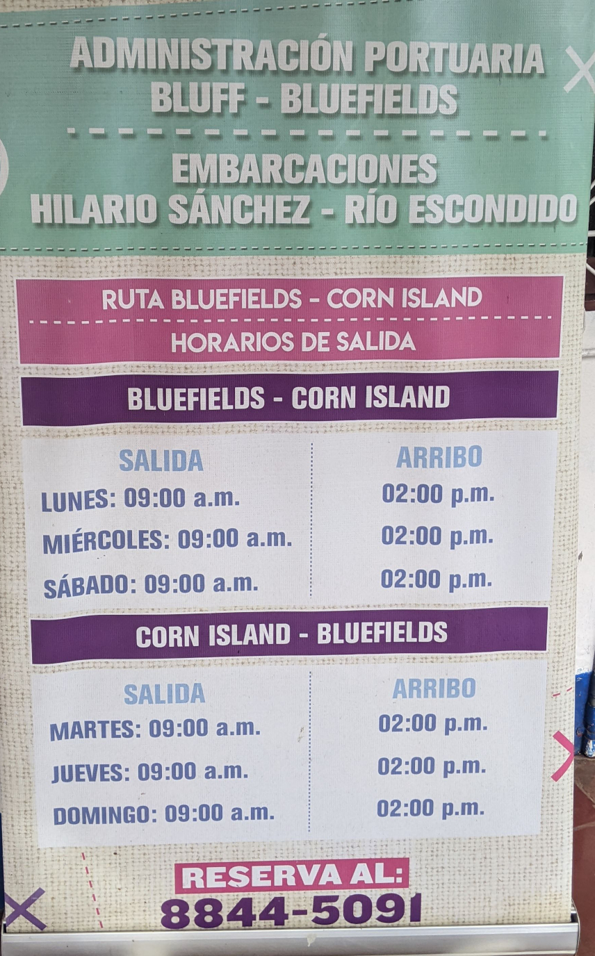 Picture of ferry schedule Bluefields - Corn Islands
